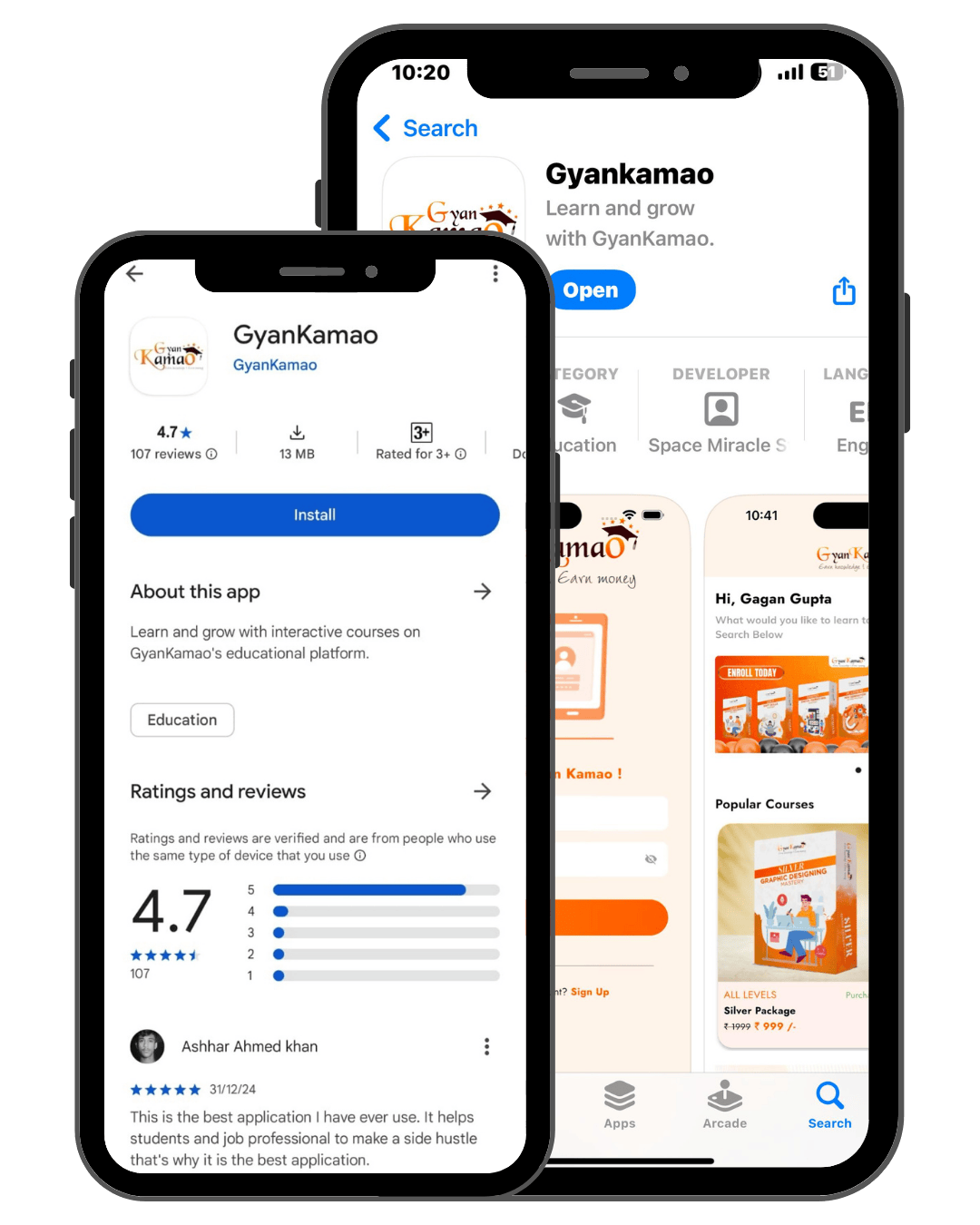 GyanKamao app shown on two mobile phones — course listing and app store page